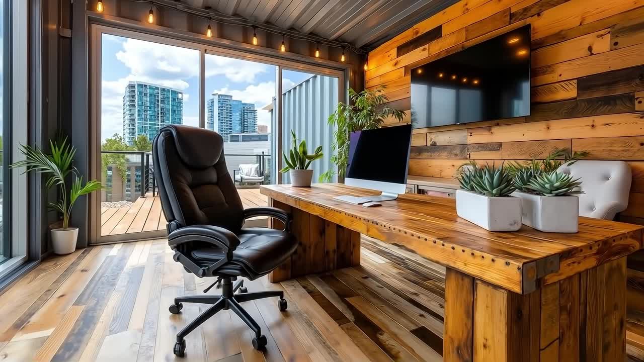 A wooden desk with a computer and a chair in front of a window