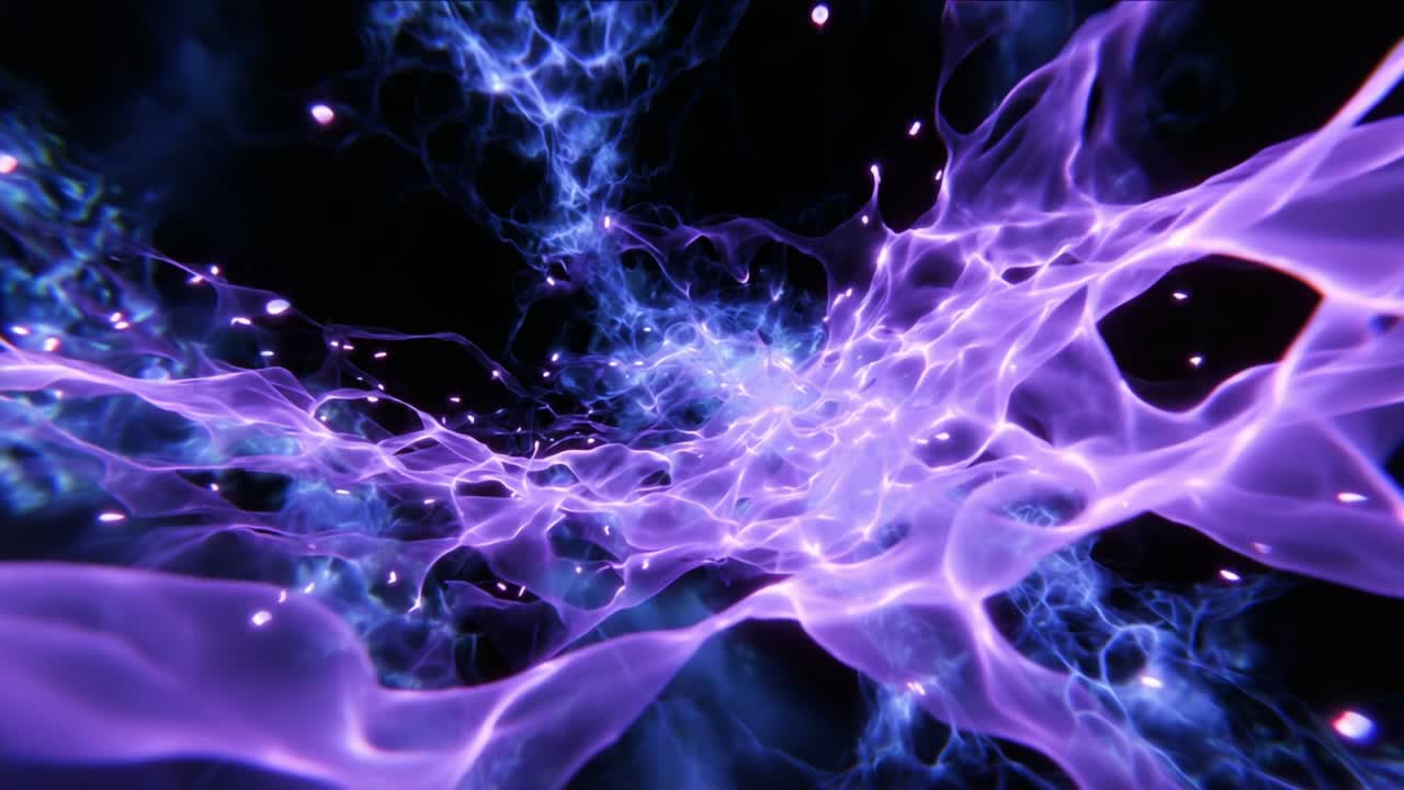 Mesmerizing Abstract Visualization of Energy Flow and Particle Movement Through a Vibrant Purple and Blue Color Palette, Showcasing Dynamic Fluid Motions and Ethereal Light Effects in a Dark Background