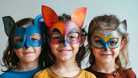 three children wearing masks with foxes on them