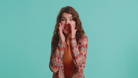 young woman whisper news rumors holding hands near mouth share gossip quiet keep my secrets