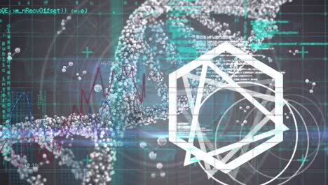 Animation-of-dna-and-molecular-structures-against-abstract-geometric-shapes-and-data-processing