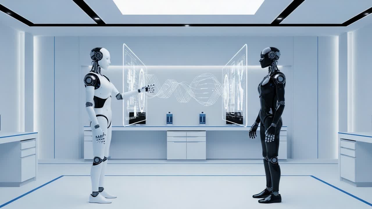 In a futuristic laboratory setting, two humanoid robots engage in a thoughtful interaction, highlighting advancements in artificial intelligence and robotics technology.