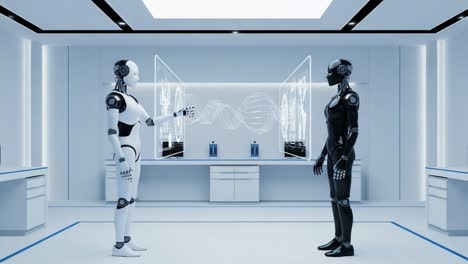in a futuristic laboratory setting, two humanoid robots engage in a thoughtful interaction, highlighting advancements in artificial intelligence and robotics technology.