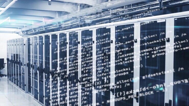 Code overlay starting over racks, scrolling diagonally as camera panning right, visualizing network
