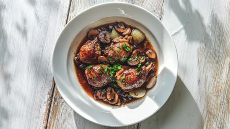 delicious coq au vin on rustic wooden table