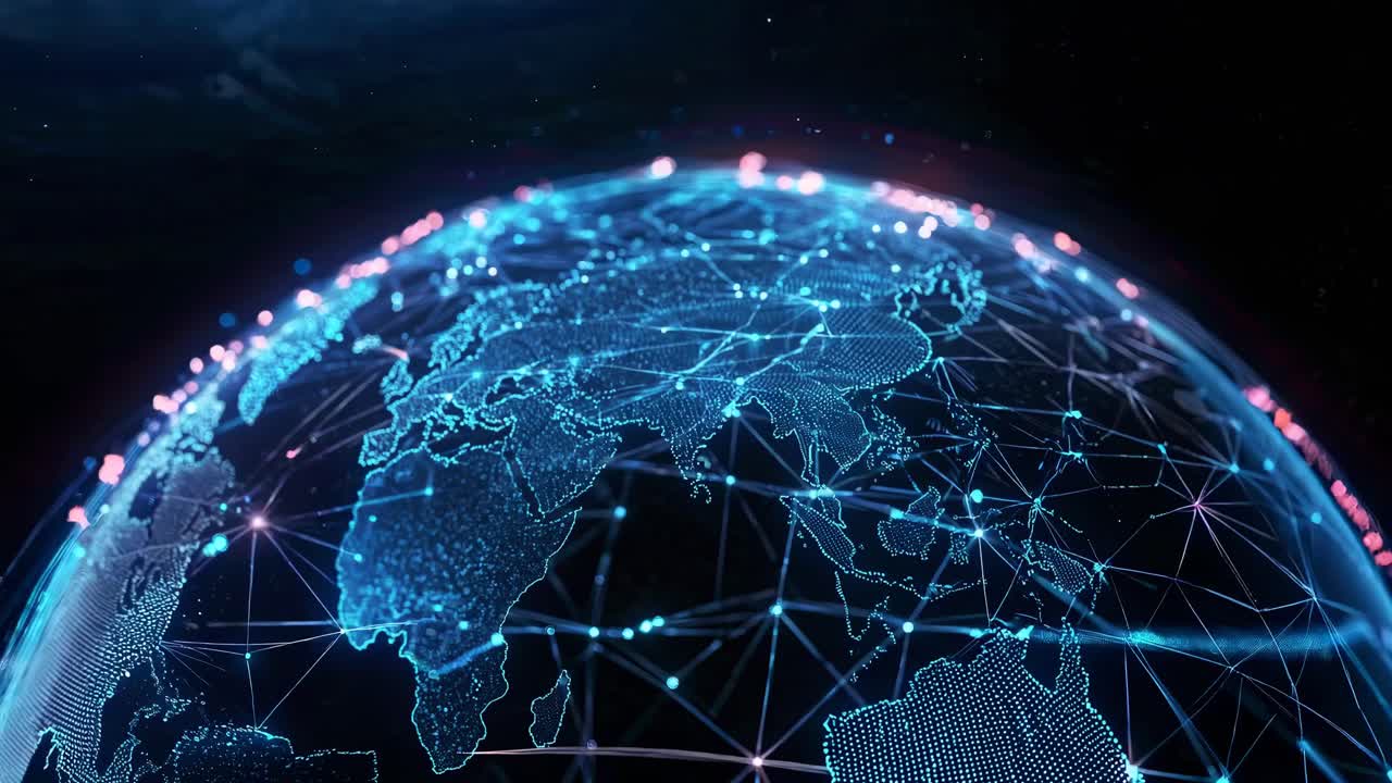 Futuristic video concept of a digital globe from a high-angle view, showcasing glowing network