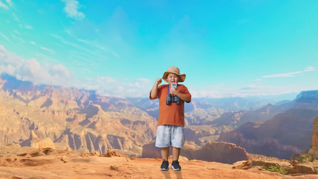 Asian Boy With A Hat And Binoculars Looking At Smartphone Then Screaming Goal Celebrating While Traveling At The Top Of Mountain. Boy Researcher Examines Something, Travel Tourism Adventure, Full Body