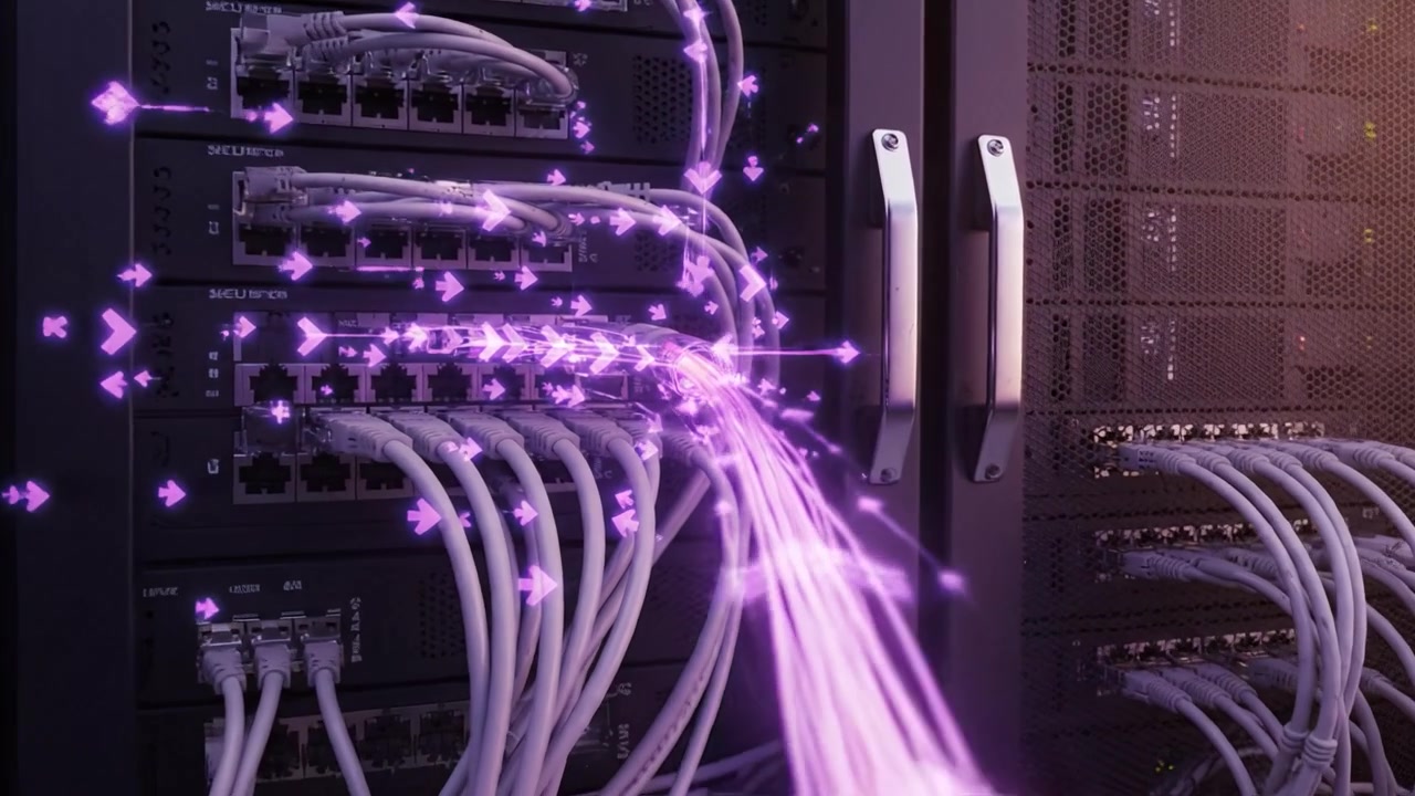 A vibrant display of data flow through advanced fiber optic technology in a modern data center, illustrating the importance of high-speed connectivity and efficiency.
