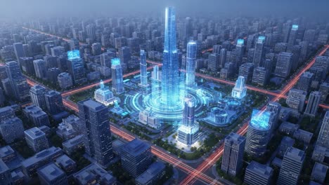 futuristic cityscape with a central tower illuminated at night, featuring advanced skyscrapers and bright streets highlighting urban innovation and technological progress