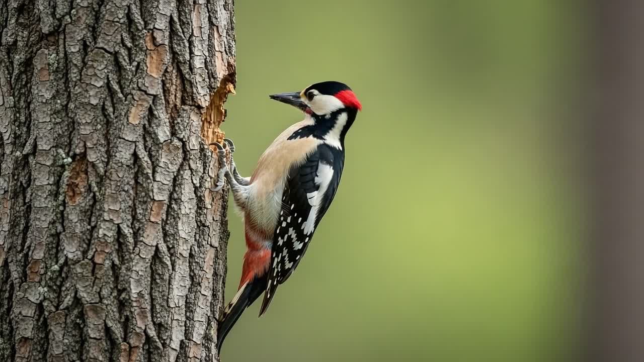 A Woodpecker Engaged in Drilling on a Tree Trunk: Captivating Close-up of Nature's Craftsmanship