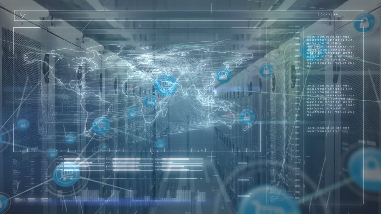 Animation of network of connections with icons and data processing over server room
