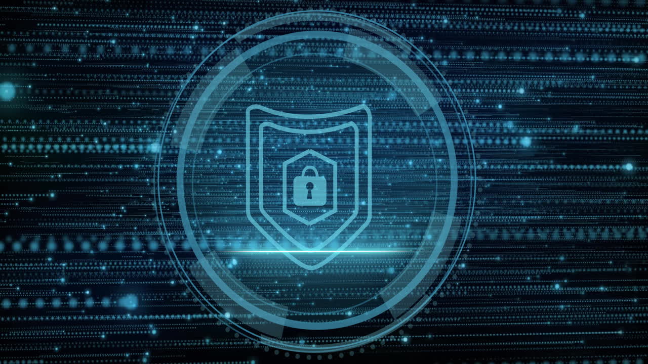 Digital shield with lock icon over binary code and data stream animation