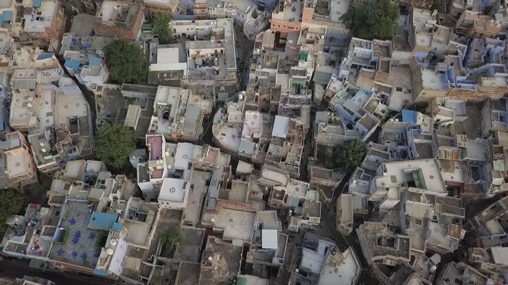 Veduta aerea di affollate strade antiche a Jodhpur, Rajasthan, India.