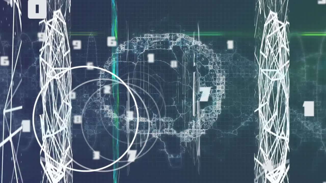 Animation of shapes, numbers and brain on dark blue background