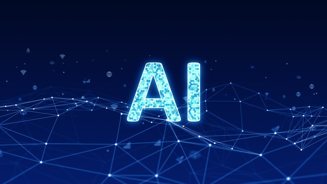 motion graphic de logotipo de ai digital azul con conexión de línea y tecnología futurista icono levitación en fondo abstracto concepto video de bucle sin costuras