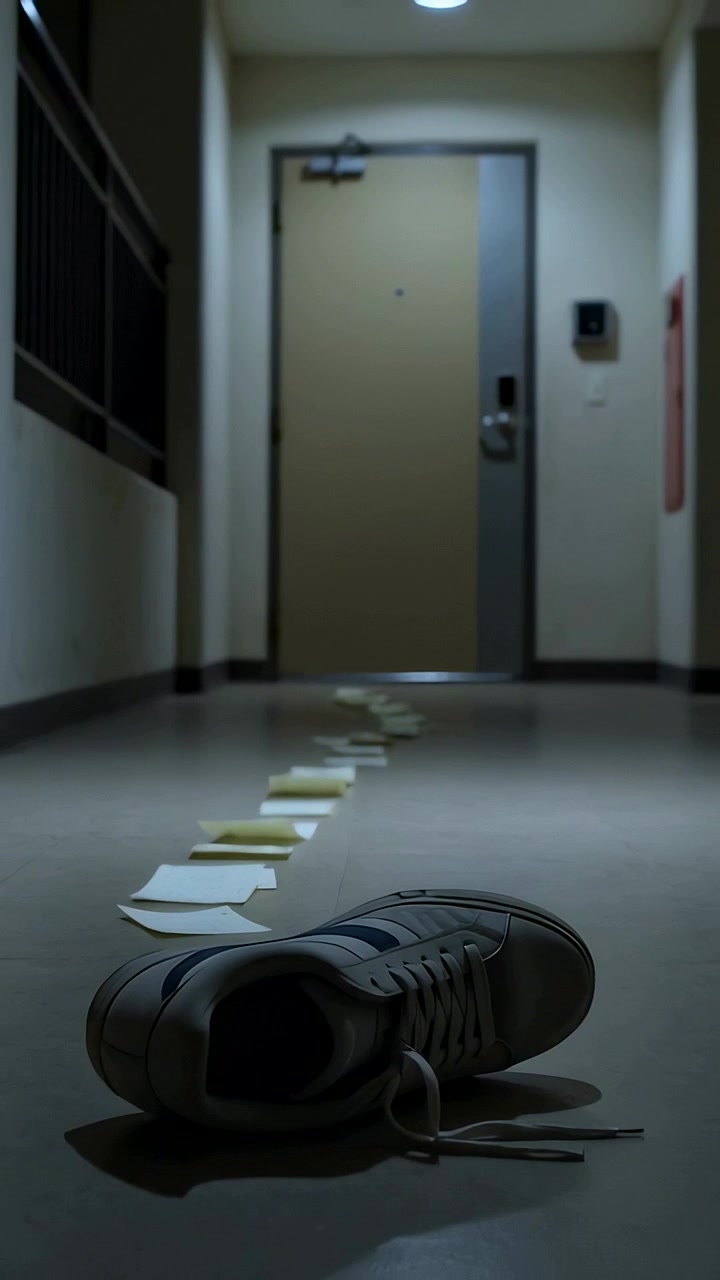 Video verticale: Sneaker bianca che entra con carte a strisce blu che si trascinano in un corridoio verso una tastiera per sbloccare