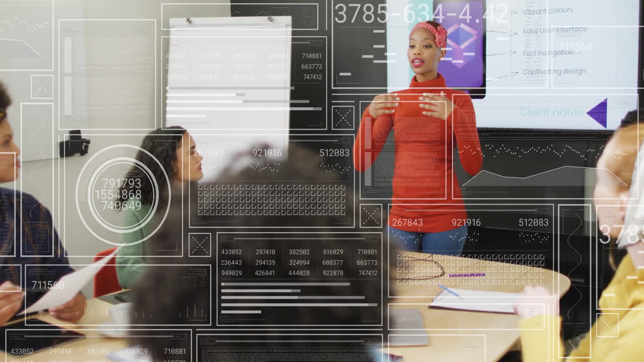 Businesswoman presenting data to colleagues, data analytics animation over office meeting