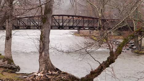 river flowing under a wooden bridge on a rainy day