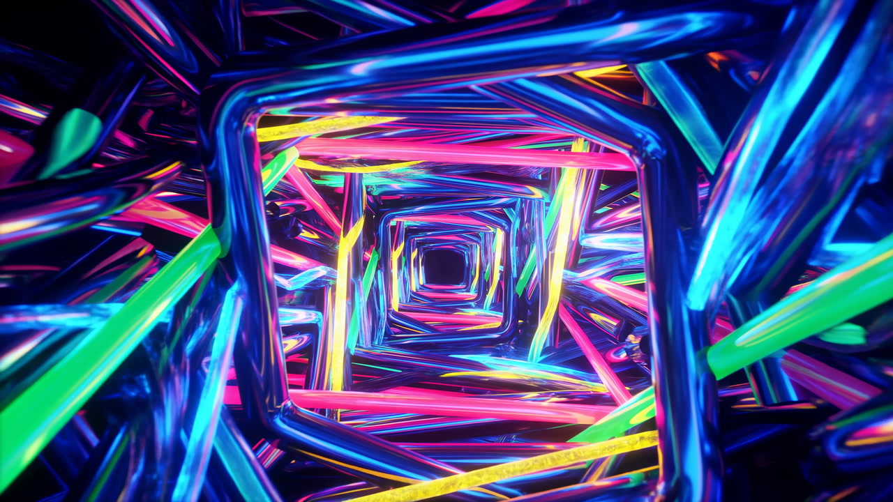 Neon Kaleidoscope Tunnel With Vivid Tubes And Swirling Colors, Glossy Metallic Struts Forming Hypnotic Square