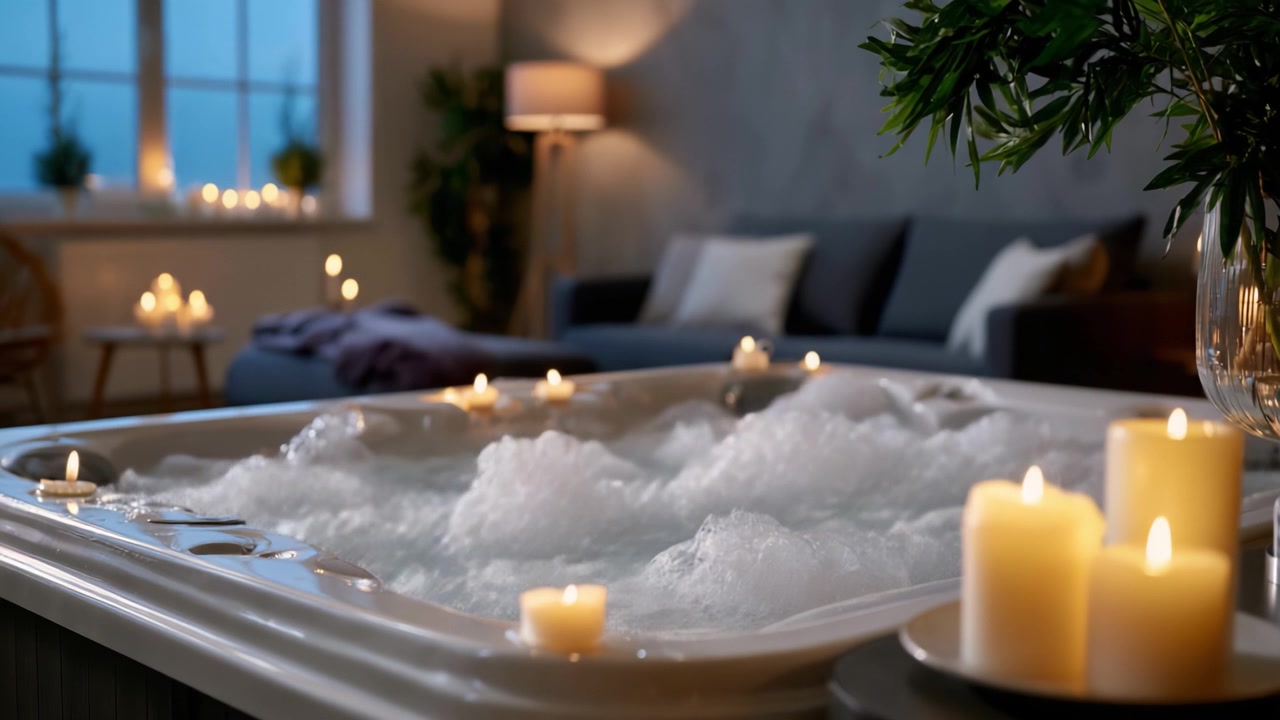Rilassante esperienza spa a casa: Immergiti nella serenità di una vasca idromassaggio gorgogliante circondata da una rilassante luce di candele per il massimo comfort e benessere