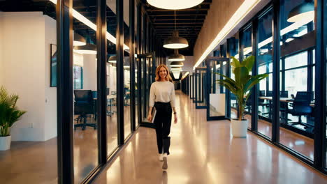 professional woman walking through a modern office hallway