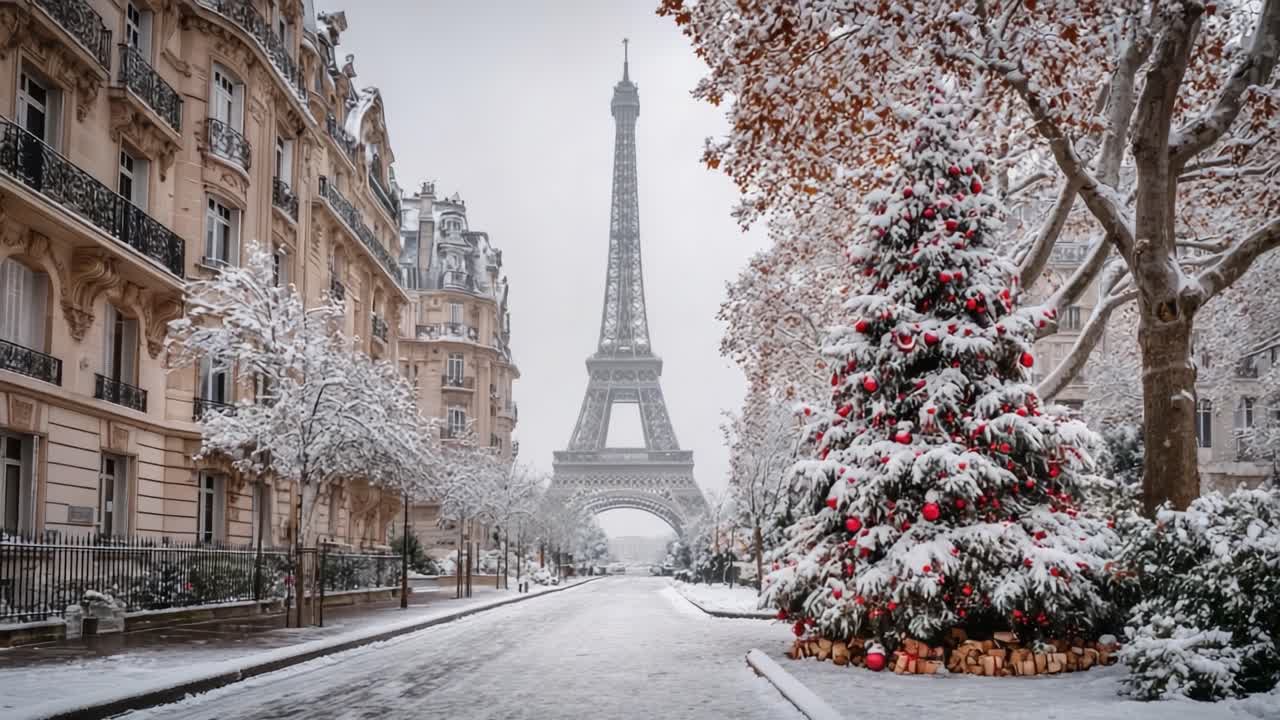 Un paese delle meraviglie invernale a Parigi: strade innevate conducono a un albero di Natale festivo con la Torre Eiffel che si erge maestosa sullo sfondo