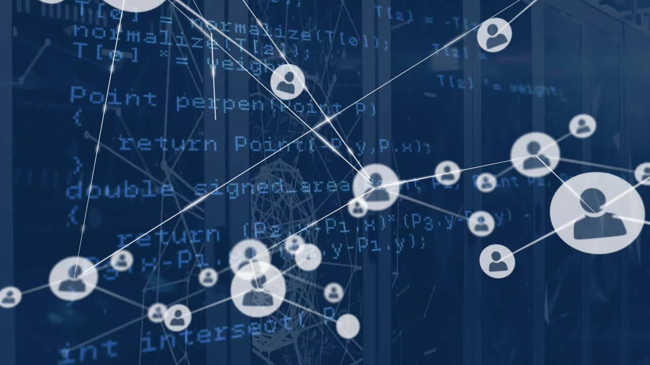 Animation of network of connections with icons and data processing over computer servers