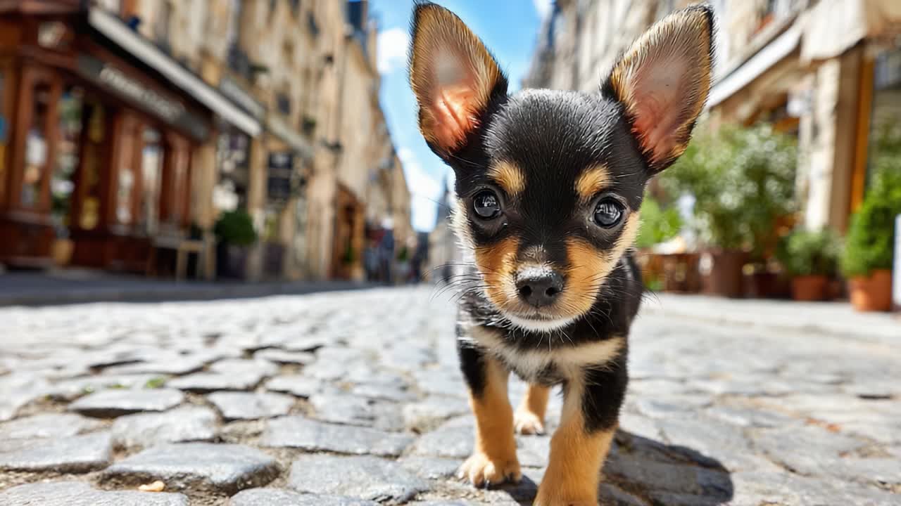 晴れた青空の下、趣のある石畳の道を探索する、遊び心のあるチワワの子犬。都会にいるペットの喜びと好奇心をとらえています。
