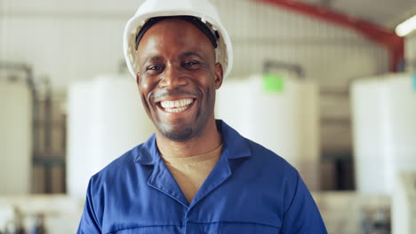 happy black man, face and engineer at warehouse