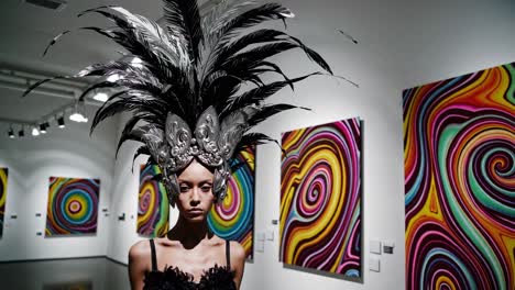 fashion model in headwear at art gallery