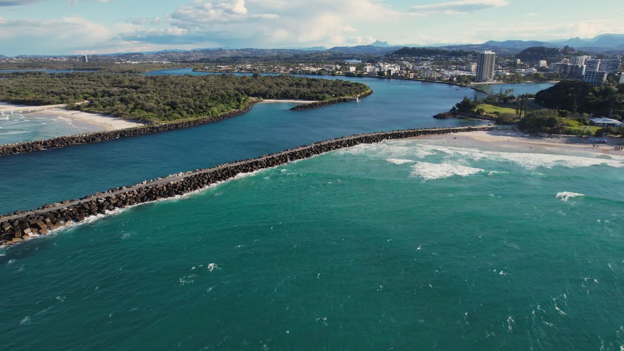 Duranbah Seawall Or South Head Seawall In Tweed River Entrance In Tweed Heads, New South Wales, Australia. Aerial Drone Shot