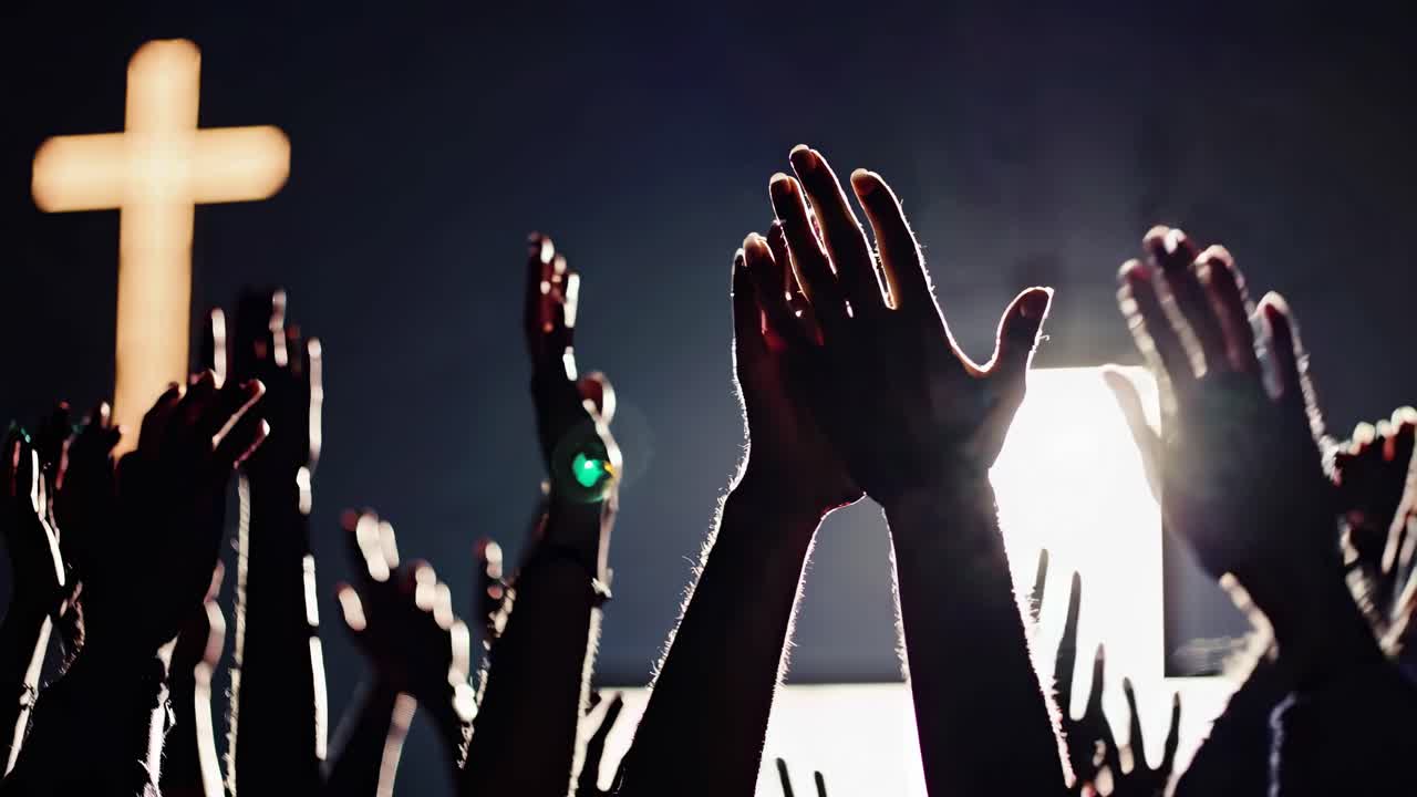 Silhouetted hands raised in worship against a glowing cross, captured from a low-angle