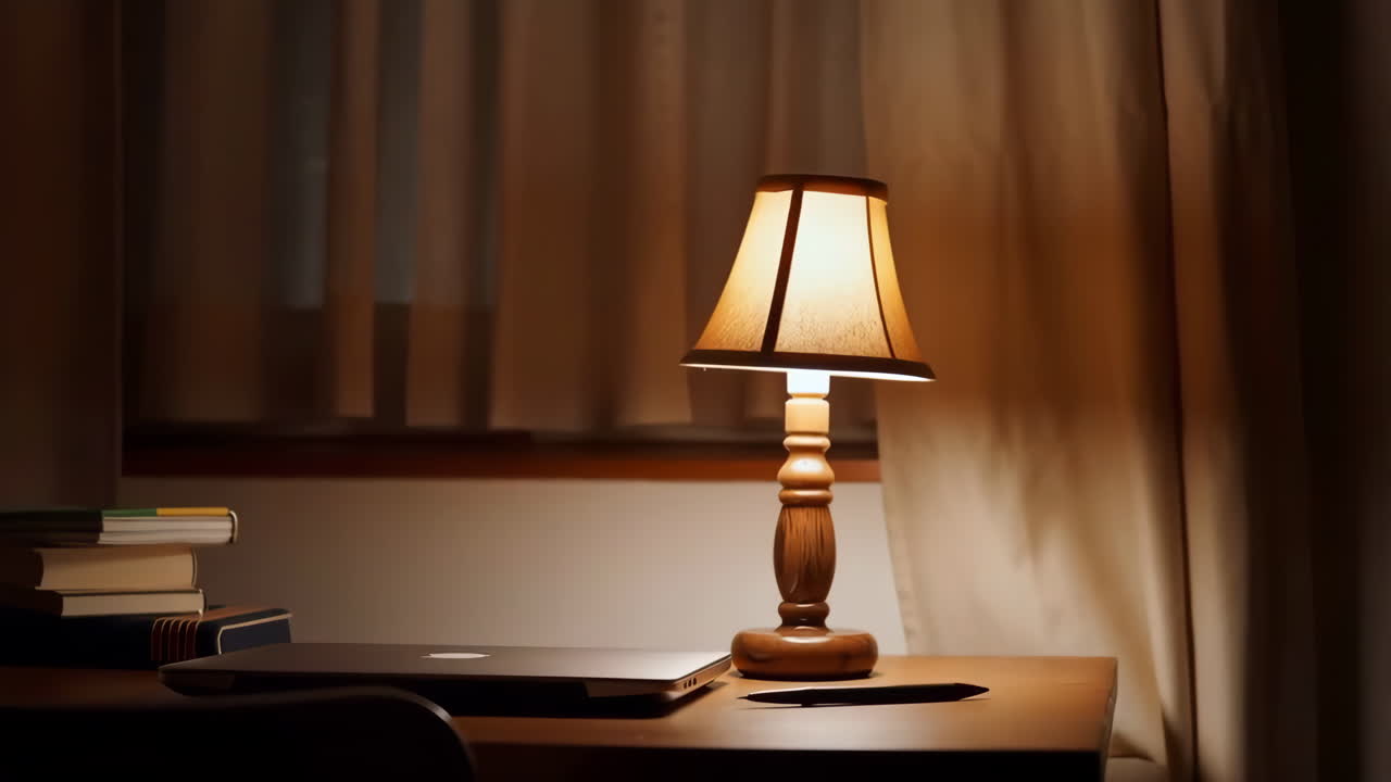 Cozy Desk Scene with Warm Table Lamp and Laptop