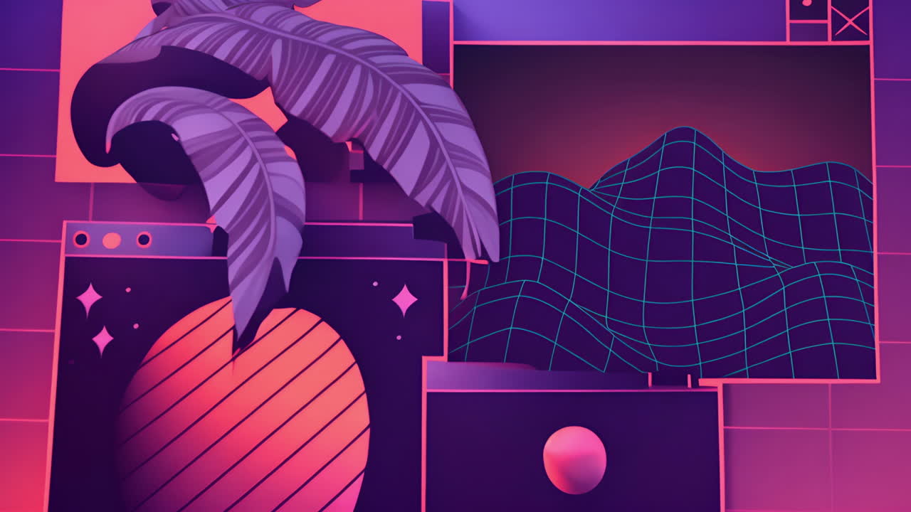 Synthwave Vaporwave Abstract Background with Grid and Palm Leaves
