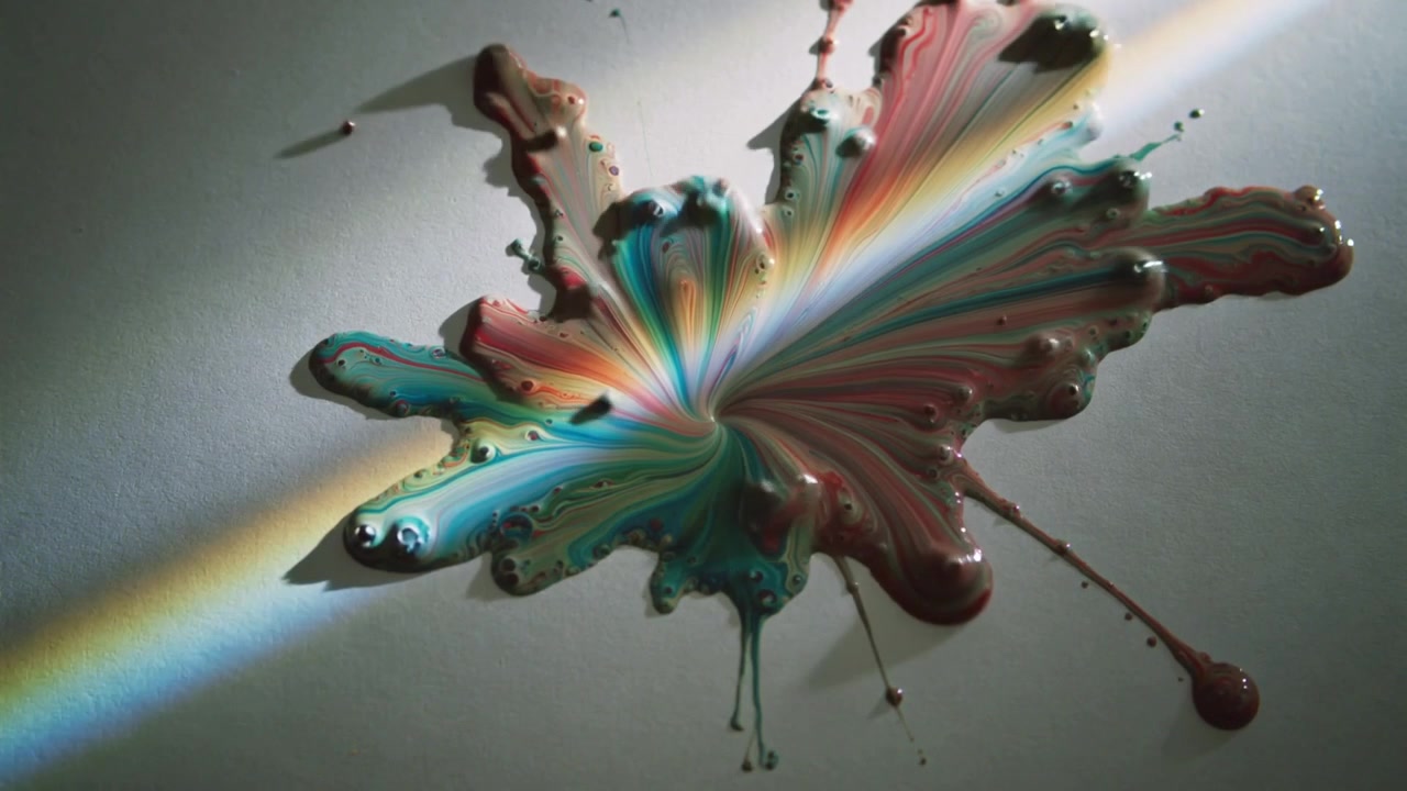 Spreading multicolored viscous paint drop radiating from impact on white sheet, with rainbow band
