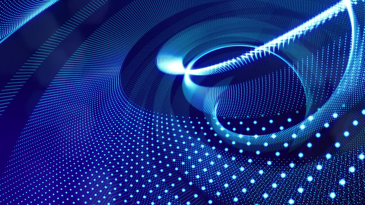 bg de alta tecnología azul con partículas de brillo forman una estructura espiral compleja. espacio digital de ciencia ficción en bucle 3d, las partículas forman líneas y ondas de superficie. concepto de flujo de información de alta tecnología, blockchain. dof