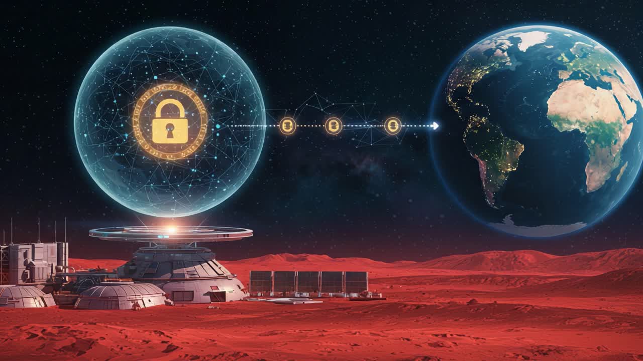 A Futuristic Space Hub Demonstrating Secure Communication Between Mars and Earth, Featuring Advanced Encryption and High-Tech Visualization in a Sci-Fi Landscape