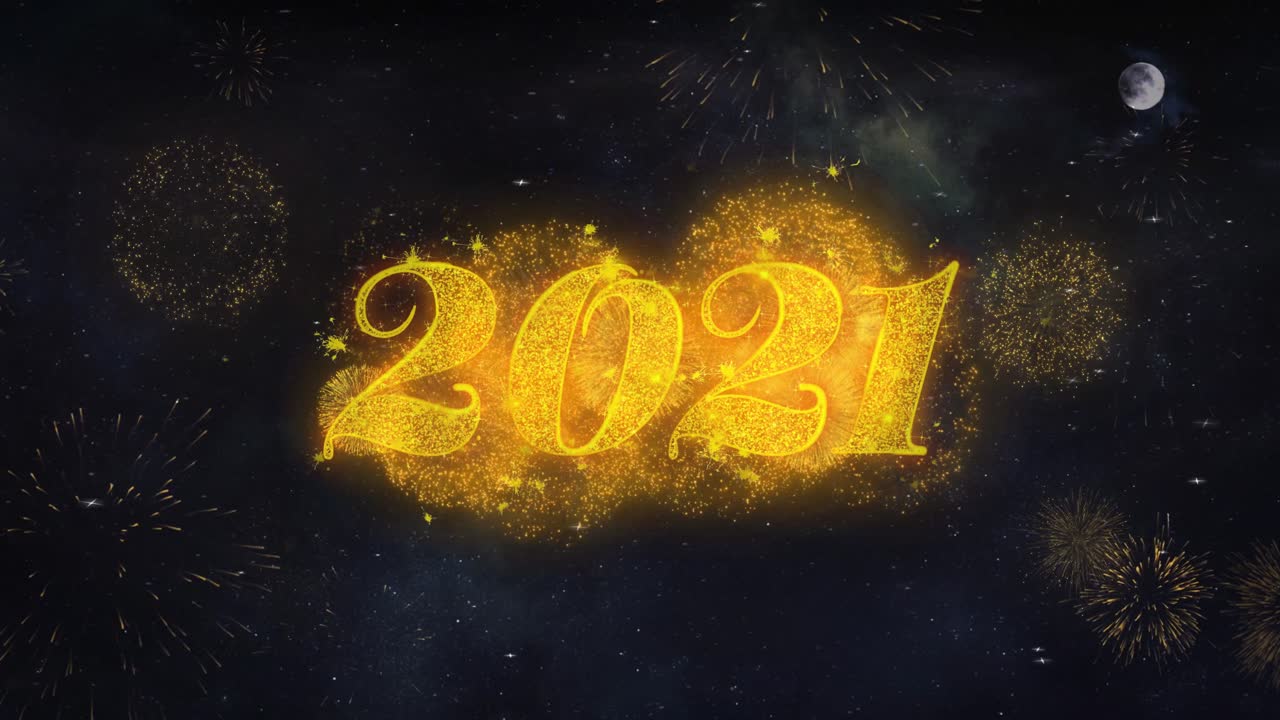 Happy new year 2021 text typography reveal from golden firework crackers particles night sky 4k