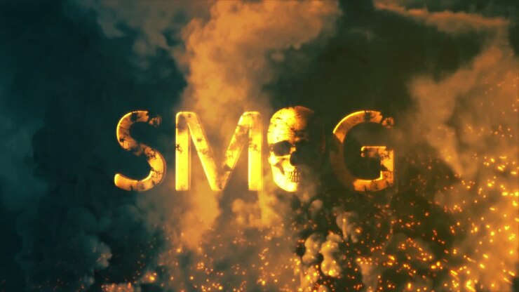 Text smog with human skull on bg with fire and smoke - loop video