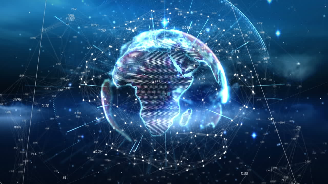 Animation of globe with shapes over blue background