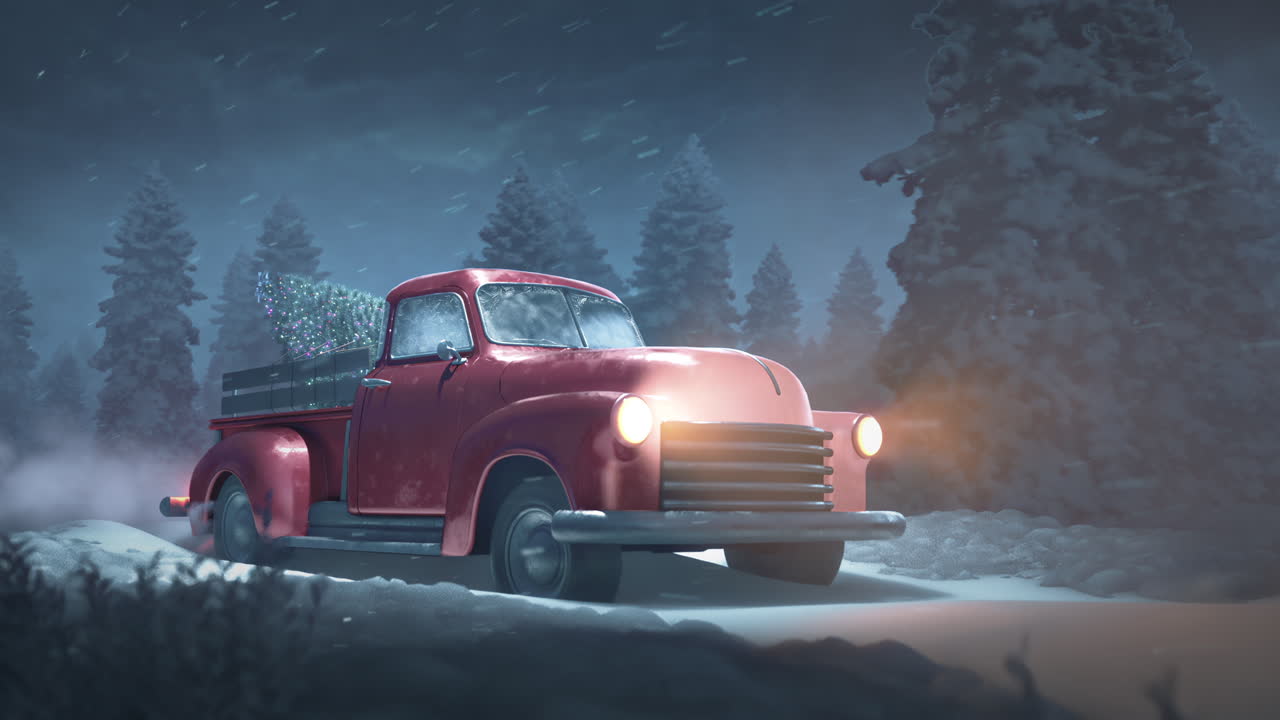 Loop: Weihnachtlicher Pickup-Truck fährt mit Weihnachtsbaum durch verschneiten Wald