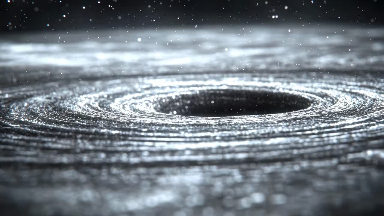 Close-up, low-angle shot of a swirling vortex, resembling a black hole, with particles floating