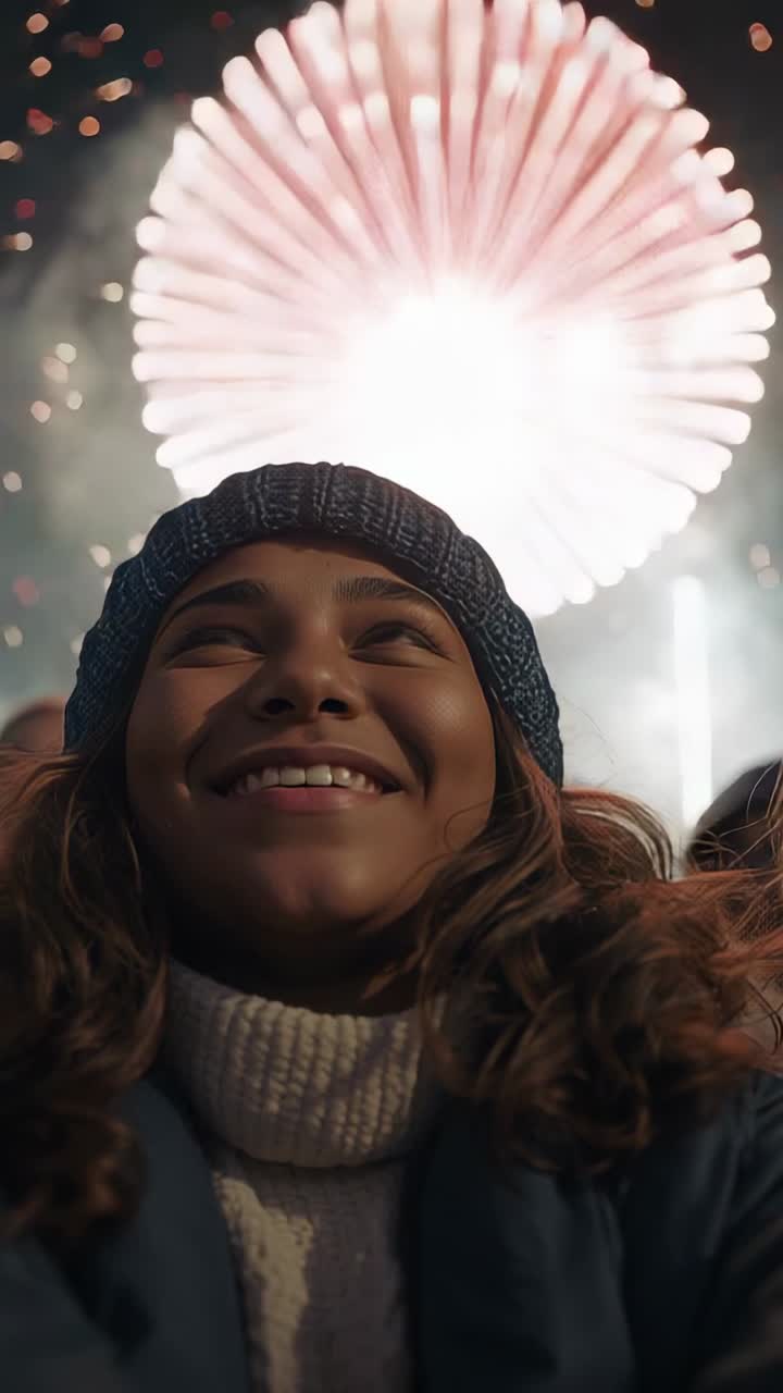 Vertical video: Gazing teen spectator watching bursting fireworks at night, wearing blue beanie