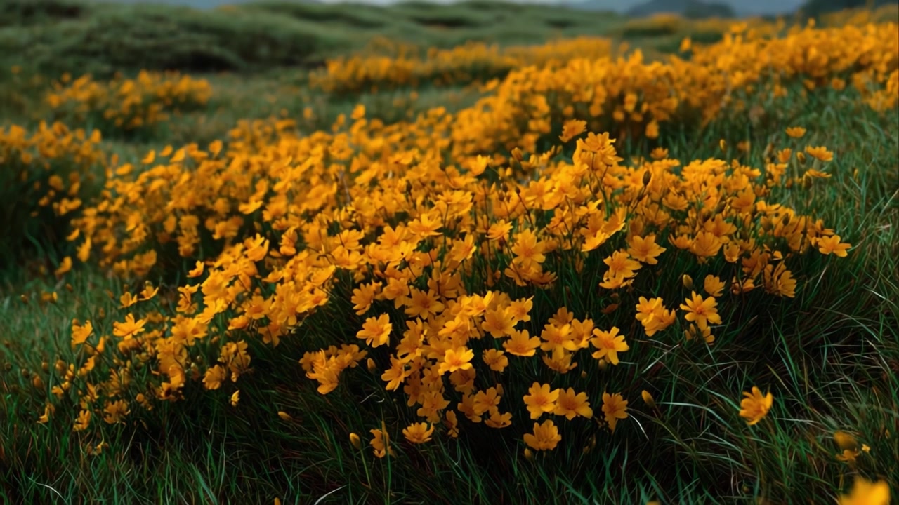 Un vibrante campo de flores amarillas baila con la brisa, mostrando la belleza de la naturaleza y el esplendor de las flores silvestres que florecen entre la exuberante hierba verde