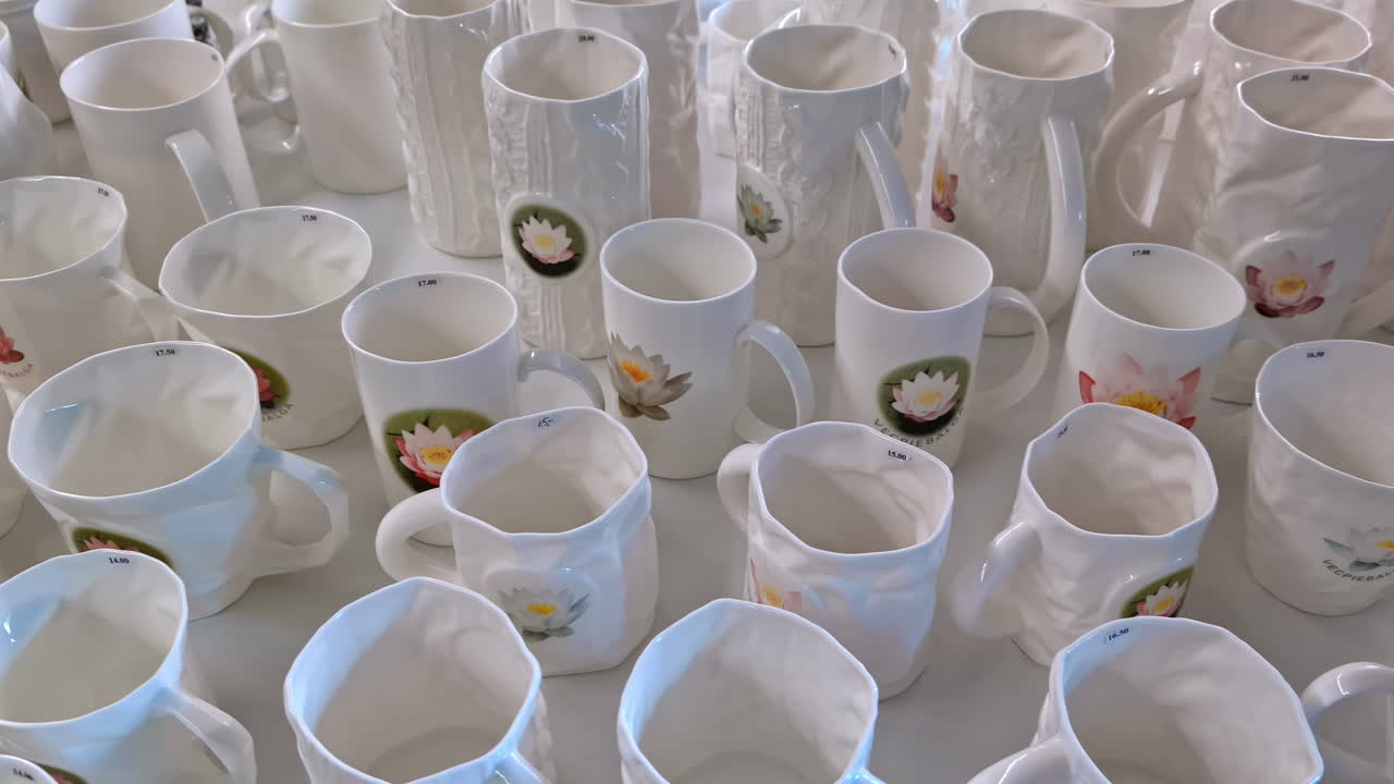exhibición artística de tazas de cerámica blanca con delicados patrones de loto floral