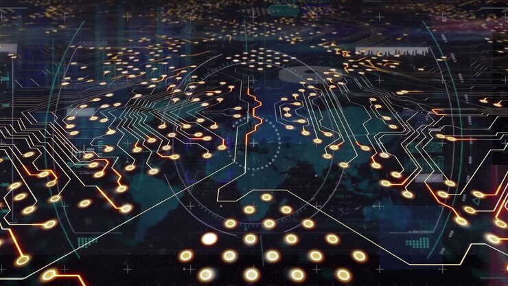 Animation of microprocessor connections and scope scanning over world map and data processing