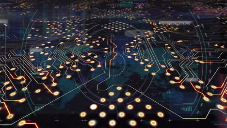 animation of microprocessor connections and scope scanning over world map and data processing