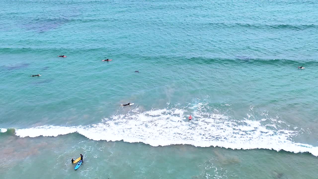 Aerial footage captures surfers riding waves in clear turquoise waters at Ocean Grove, Victoria. Bright daylight enhances the vibrant scene
