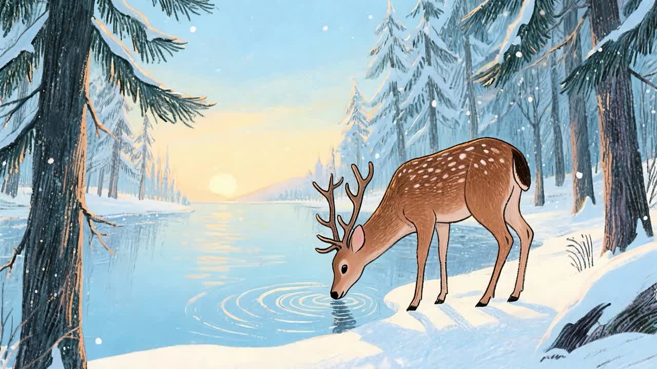 Deer drinking water in a lake while the water ripples