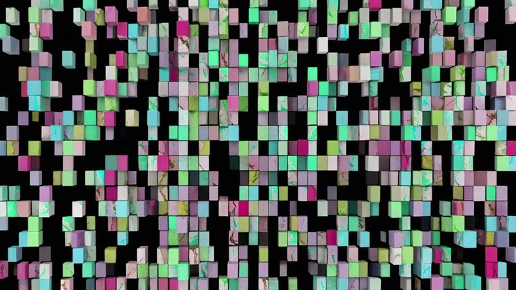 Abstrakte Animation farbenfroher, marmorierter Würfel, die ein Gitter bilden